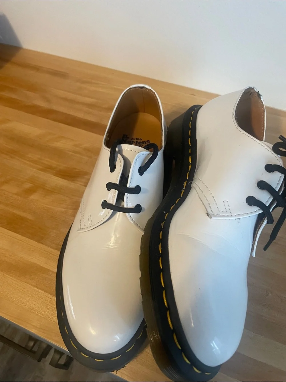 Dr. Martens White Patent 3-Eye Derby with Black Laces